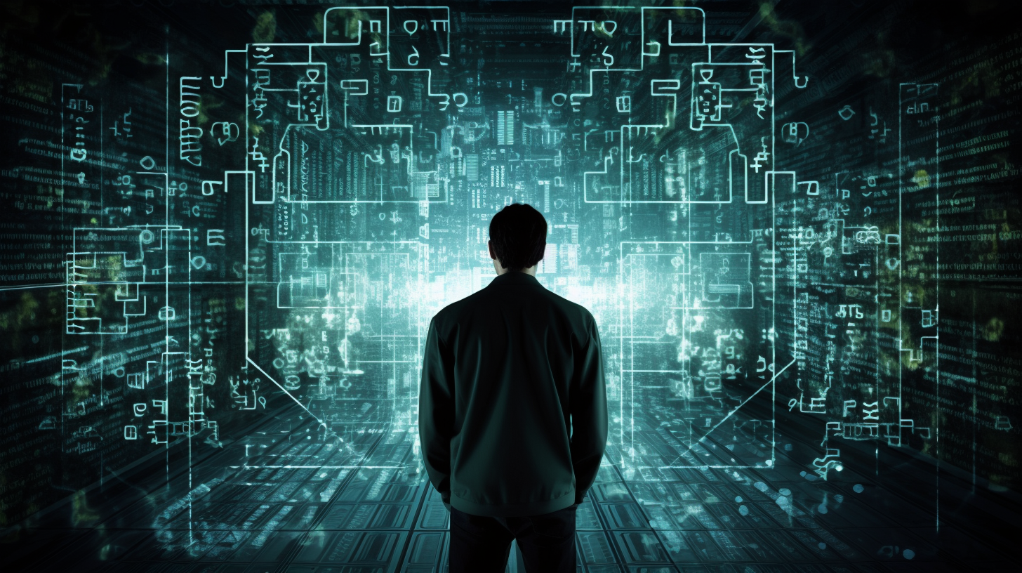 possible_threat_or_maybe_a_help_for_cyber__aaf85297-e31f-404a-bdef-516f2d619369 La silhouette di un uomo si staglia davanti a un muro di circuiti digitali