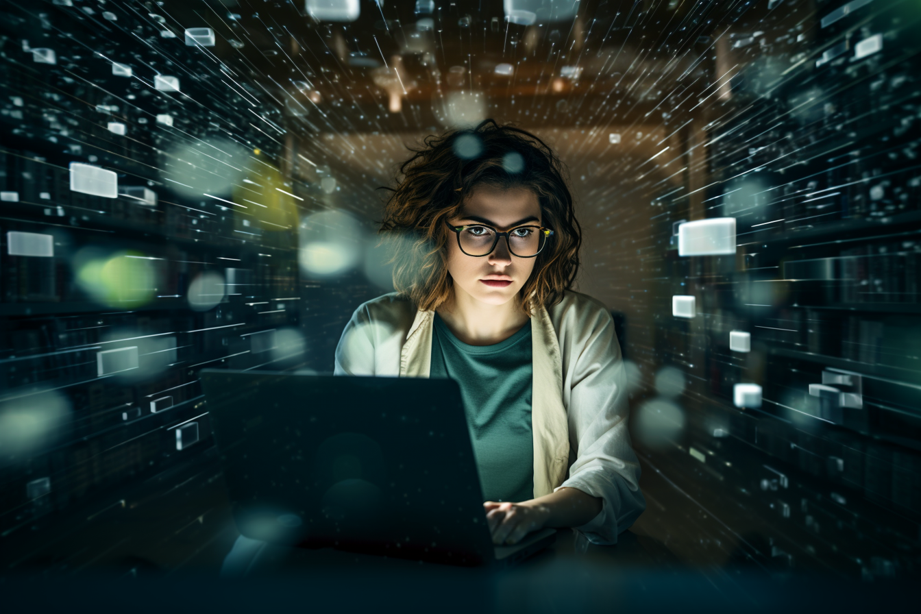 Esempio di active prompting. Una ragazza con occhiali e capelli corti, che interroga un computer ed esibisce un espressione piena di dubbi, mentre i testi delle risposte del computer escono dallo schermo e volteggiano nell'aria