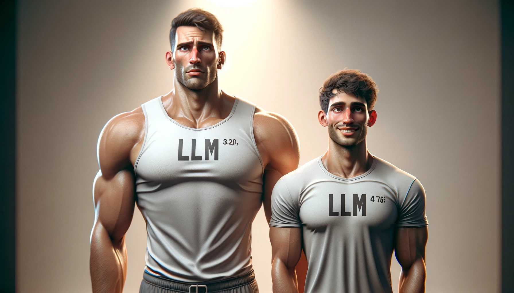 SLM: immagine metaforica di due atleti affiancati spalla a spalla, maschi, entrambi con le lettere "LLM" stampate sulle maglie, il primo atleta più alto, più grande e più robusto, con un'espressione preoccupata, il secondo atleta più magro e più piccolo, con un'espressione sorridente