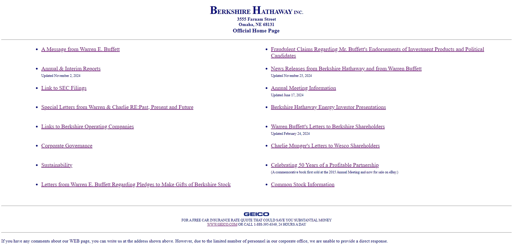 Berkshire Hathaway, la holding multimiliardaria di Warren Buffett. Screen della homepage